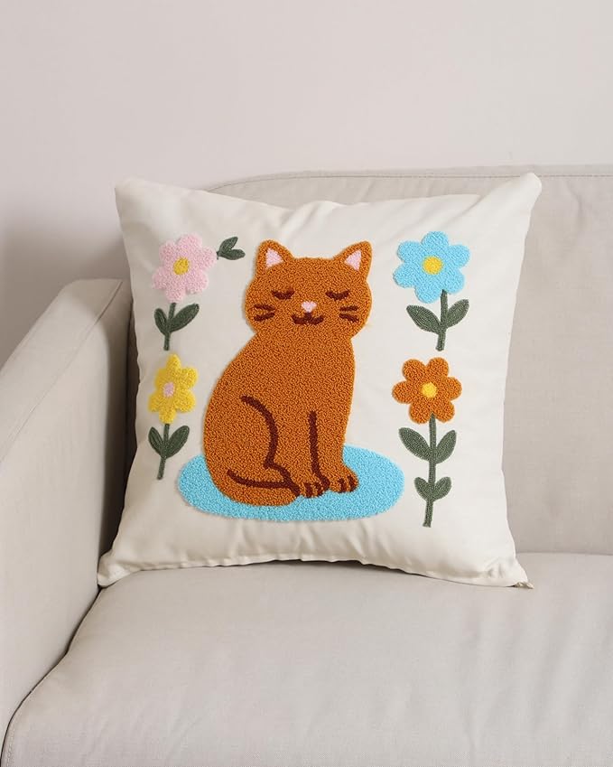 katre home madame & textile Cat Throw Pillow Cover – 100% Cotton Embroidered Decorative Cushion Case 18x18 – Handmade Punch Needle Pillow for Sofa, Bed, Couch or Gift for Cat Lovers-Ruum Studio Home