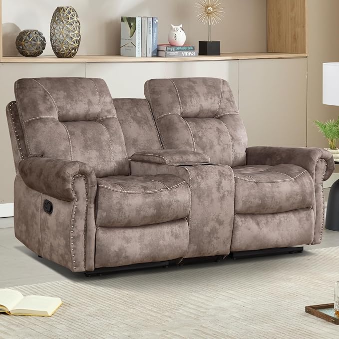 EBELLO Manual Recliner Loveseat Sofa, 2 Seater Reclining Couch Chair with Center Console, Hidden Storage and Cup Holders, Vintage Rivet Mid-Century Design for Living Room, Meeting Room, Brown-Ruum Studio Home