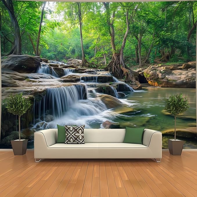 BSFHH Nature Tapestry Forest Tree Sea Cave Wall Hanging, Stream Through Rainforest Landscape Wall Art Tapestry for Bedroom Living room (Creek, 90"×70", Unframed)-Ruum Studio Home