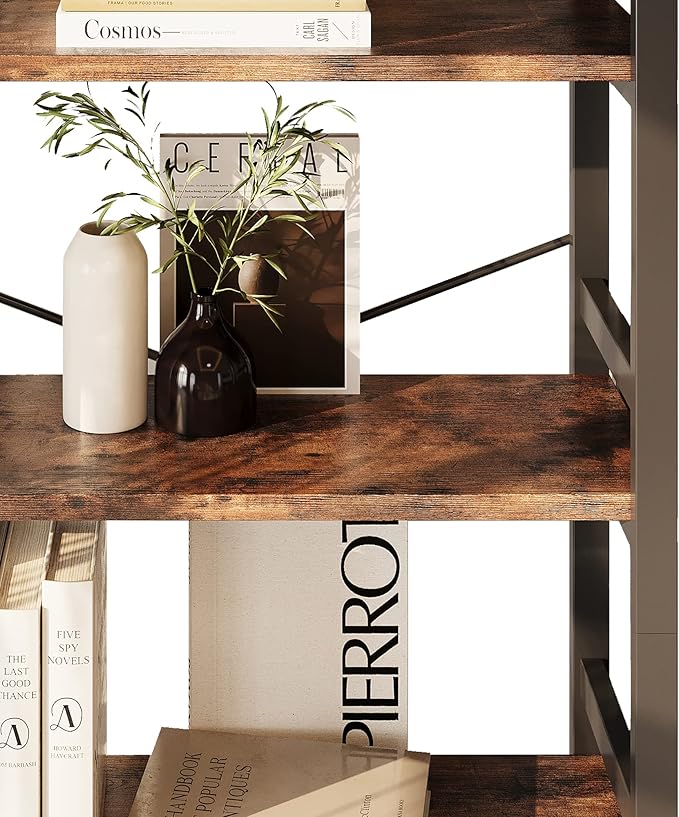 IRONCK Bookshelves and Bookcases, 31.5in Wide Shelf 5-Tier Ladder Shelf 110lbs/shelf Vintage Industrial Style Bookcase for Bedroom Living Room Home, Vintage Brown-Ruum Studio Home