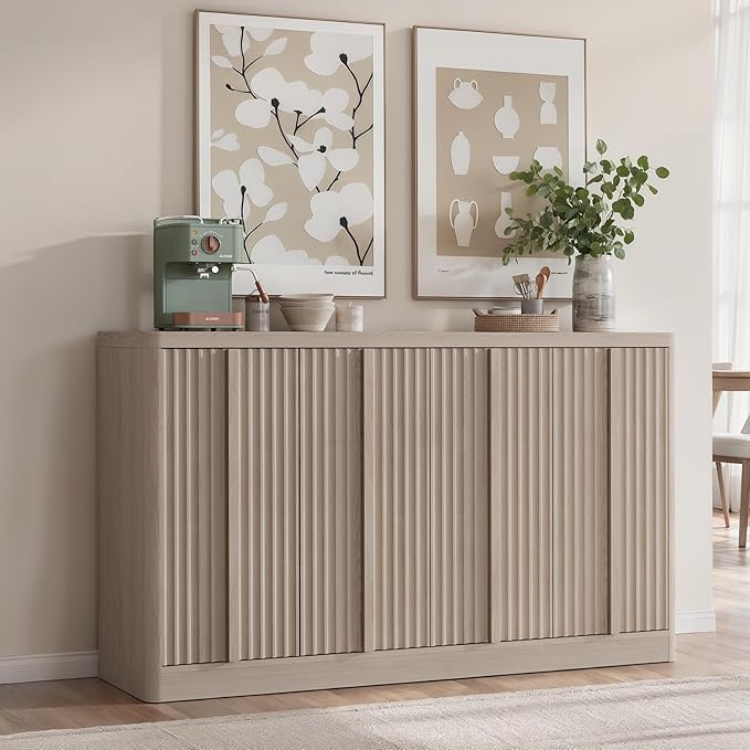 Fluted Buffet Cabinet with Storage, 60" Sideboard Buffet Accent Cabinet with 4 Door & Solid Wood Handle, Modern Buffet Table Credenza Console Cabinets for Living Room, Dining Room, Kitchen, Oak(1PCS)-Ruum Studio Home