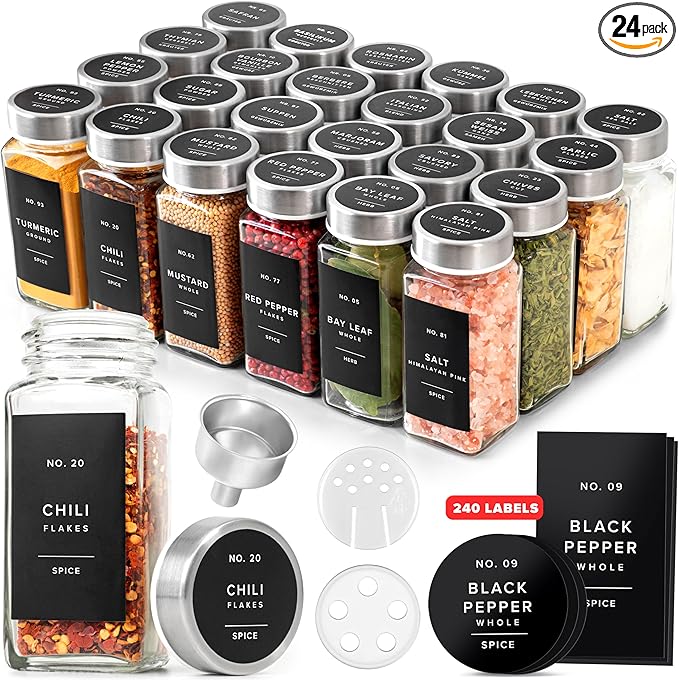 Glass Spice Jars with Labels and Steel Lids (24 x 4oz) Spice Containers with 240 Label, Steel Funnel, Shaker Inserts, Empty Square Seasoning Organizer for Spice Rack, Cabinet, Drawer-Ruum Studio Home