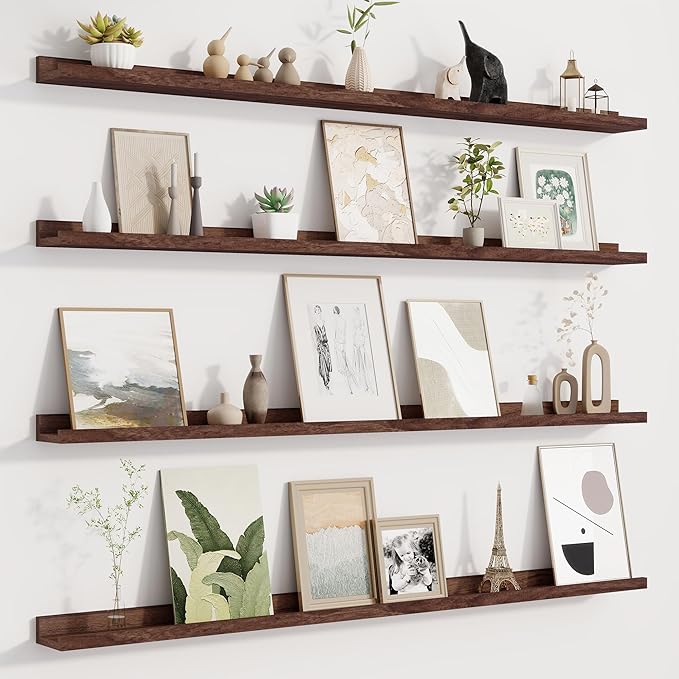 Picture Ledge Shelf for Wall, Floating Shelves Set of 4, 48 Inch Long Nursery Book Shelves for Toys Storage, Kids Bookshelf Wall Mounted for Books Photo Frames, Walnut-Ruum Studio Home