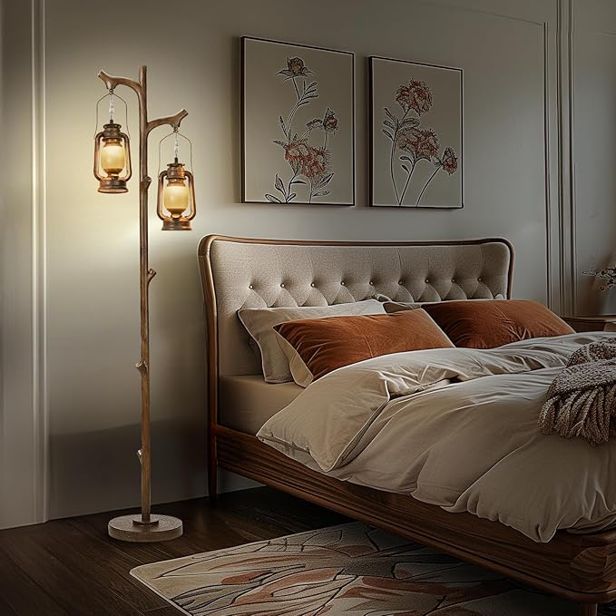 68" Rustic Farmhouse Tree Trunk Floor Lamp Country Brown Finish Wood Vintage Standing Tall Lamp with Lantern Stepless Dimmable Industrial Floor Lamp Decor for Bedroom Living Room Office Hotel-Ruum Studio Home