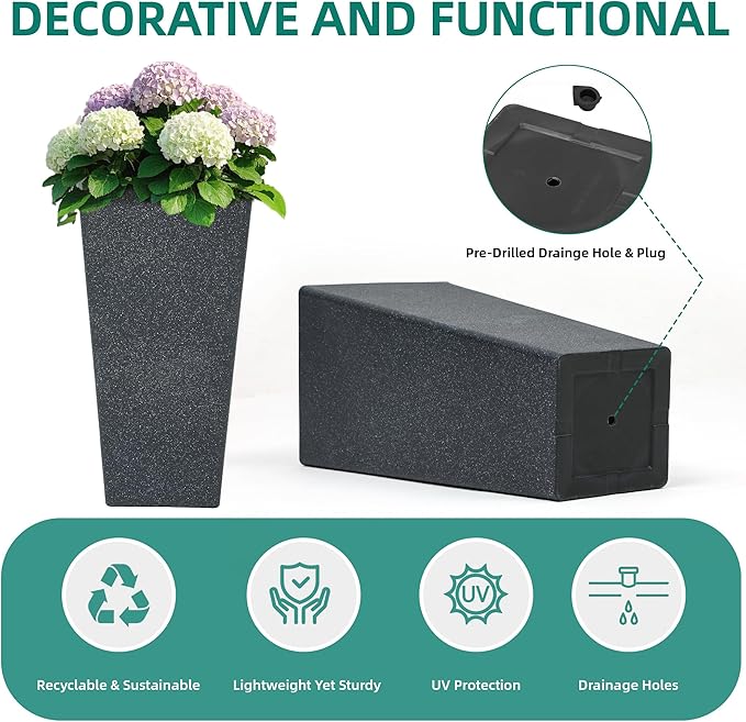 28" Large Tall Square Planters for Outdoor Plants, Set of 2 V-Shaped Planter Box with Black Terrazzo Look, Durable and Weather Resistant, Ideal or Garden, Patio, Porch or Home use.-Ruum Studio Home