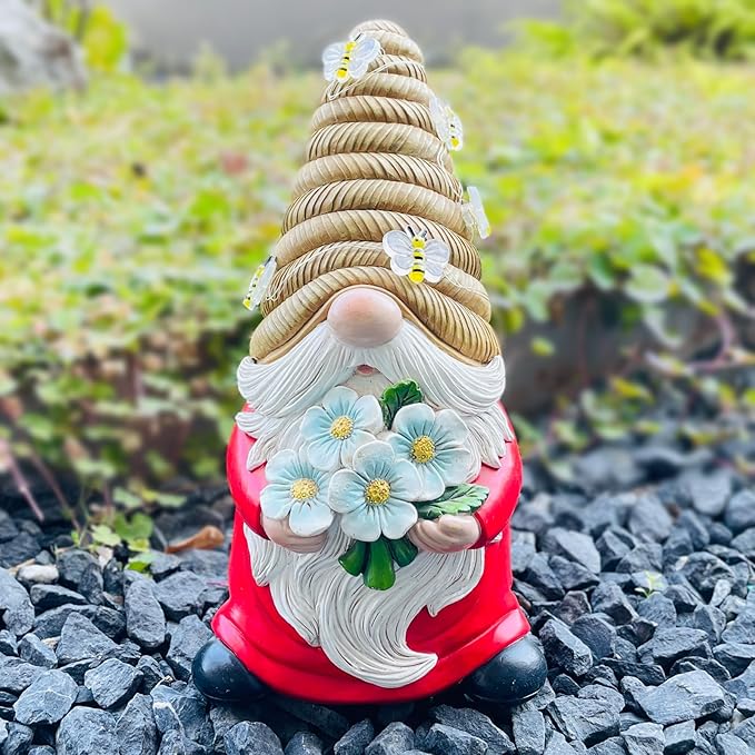 Outdoor Garden Gnomes Statue, Bee Flower Gnome Sculpture, with Solar LED Lights for Yard, Patio, Lawn Ornaments for Garden, Patio Gnome Gifts for Mom-Ruum Studio Home