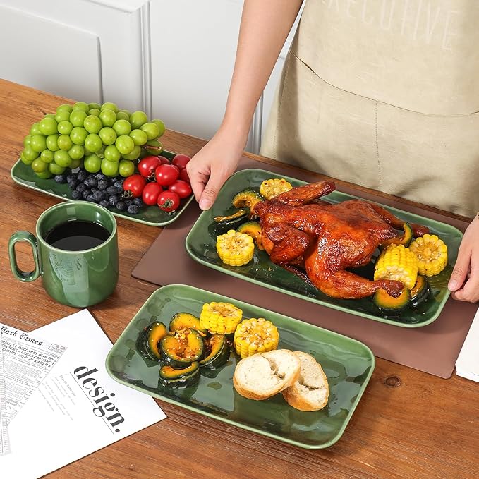vicrays Ceramic Rectangle Serving Platters - 14" 12" 10" Porcelain Serving Trays Plates for Party BBQ Appetizers Sushi Dessert - Microwave Oven and Dishwasher Safe - Set of 3 Green-Ruum Studio Home