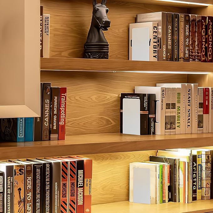 VONDERSO Metal Bookends, 4 Pairs White Metal Book Ends Heavy Duty for Shelves Decor Home Office, Unique White Bookends Supports Anti-Slip for Kids-Ruum Studio Home