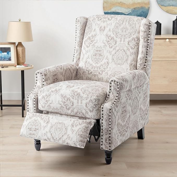 UIXE Recliner Chair, Fabric Upholstered Armchair Pushback Accent Chair for Living Room, Floral Rivet Trim Club Chair Home Theater Single Sofa Reading Seat - Beige Pattern-Ruum Studio Home