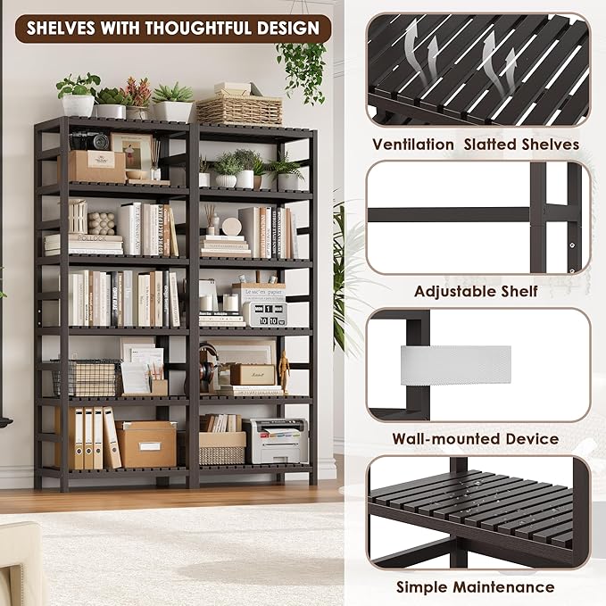 FOTOSOK 6-Tier Bamboo Shelf, Bamboo Bookcase with Adjustable Shelves, Free Standing Storage Shelf Unit, Plant Flower Stand for Kitchen, Bathroom, Home Office, Vintage-Ruum Studio Home
