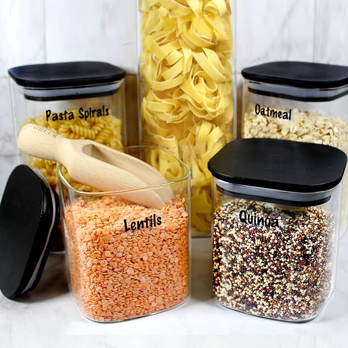 Urban Green Glass Jars with Black Bamboo Lids, food storage sets with airtight black lids, Glass Canisters Sets, Kitchen Organizing Jars (5 Sets of 27oz, 38oz, 66oz)-Ruum Studio Home