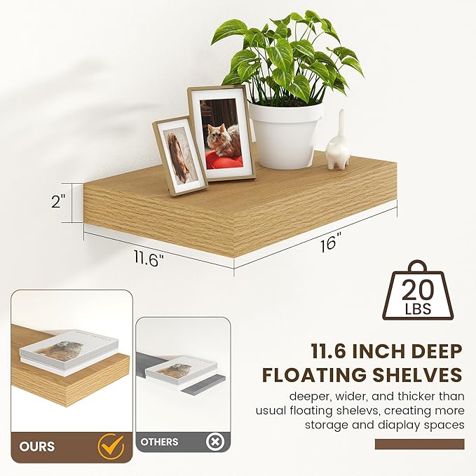 Deep Floating Shelves for Wall | 16 Inch Wide x 12 Inch Deep Floating Shelves Set of 2 | Rustic Oak Wide Wall Shelves | Bookshelf Laundry Shelf TV Shelf Nightstand-Ruum Studio Home