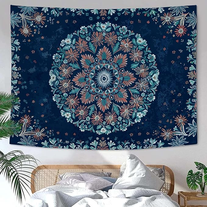 Fowocu Boho Floral Mandala Tapestry Wall Hanging Blue Bohemian Flower Medallion Tapestry Aesthetic Vintage Navy Hippie Indian Small Tapestries for Bedroom Living Room Dorm Decor 60 x 44 Inch-Ruum Studio Home