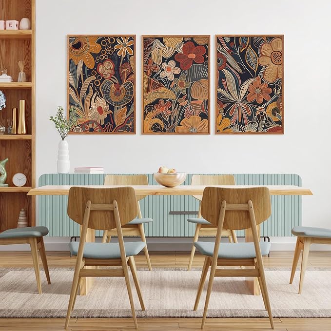 Aurlan Burnt Orange Wildflowers Botanical Wall Art Set(16"x24"), 3 Pieces Abstract Floral Blossom Framed Canvas Artwork, Large Mid Century Modern Boho Nature Wall Decor for Office Bedroom Living Room-Ruum Studio Home