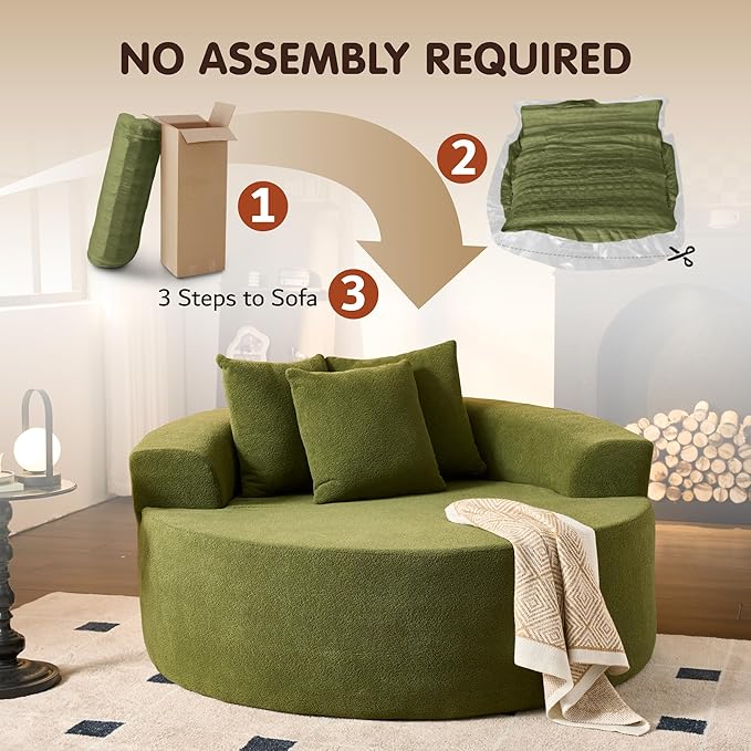 ovios 58" Oversized Round Chair Lounge Chaise Indoor, No Assembly Required, Cloud Large Circle Chair with Plush Fuax Fur, Fluffy Modern Sleeper Sofa Bed for Reading Yoga, Green (Cloud Velvet)-Ruum Studio Home