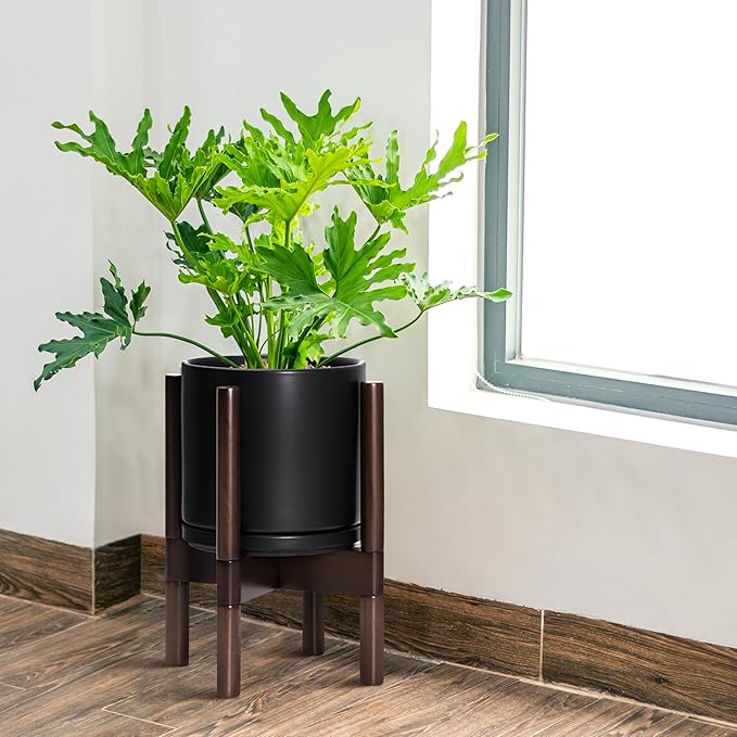 D'vine Dev Ceramic Planter with Walnut Color Stand - 8 Inch Modern Round Flower Pot with Wood Planter Holder, Black, 55-B-Y-2-Ruum Studio Home