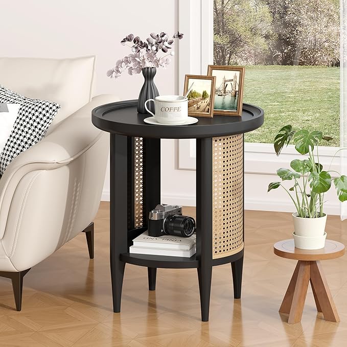 Yusong Round End Table Rattan Side Table with Solid Wood Legs, Boho Style Nightstand Bedside Table with 2-Tier Shelves, Small Coffee Table for Living Room Bedroom Small Spaces Black-Ruum Studio Home
