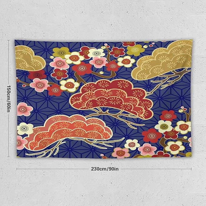 HZOHNAGO Japanese Tapestry Art Abstract Colorful Cherry Blossom Blue Background Pattern Printed Wall Tapestry Painting Wall Hanging for Bedroom Living Room Dorm 90" W x 60" H-Ruum Studio Home