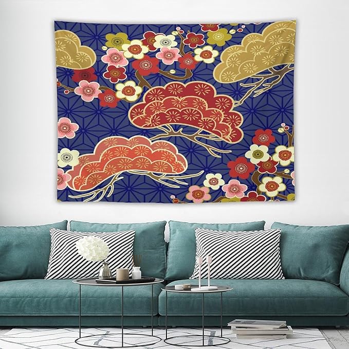 HZOHNAGO Japanese Tapestry Art Abstract Colorful Cherry Blossom Blue Background Pattern Printed Wall Tapestry Painting Wall Hanging for Bedroom Living Room Dorm 80" W x 60" H-Ruum Studio Home