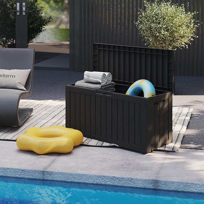 90 Gallon Lockable Resin Deck Box with Wheels, Waterproof & UV-Resistant Outdoor Storage Box for Outdoor Cushion Storage, Garden Tools & Pool Accessories Storage, Black-Ruum Studio Home