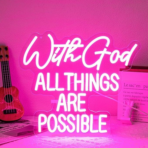 "With God All Things Are Possible" Neon Sign God Neon Light for Wall Decor Letter LED Neon Sign Pink LED Neon Light Dimmable Neon Signs for Bedroom Wedding Church Decoration-Ruum Studio Home