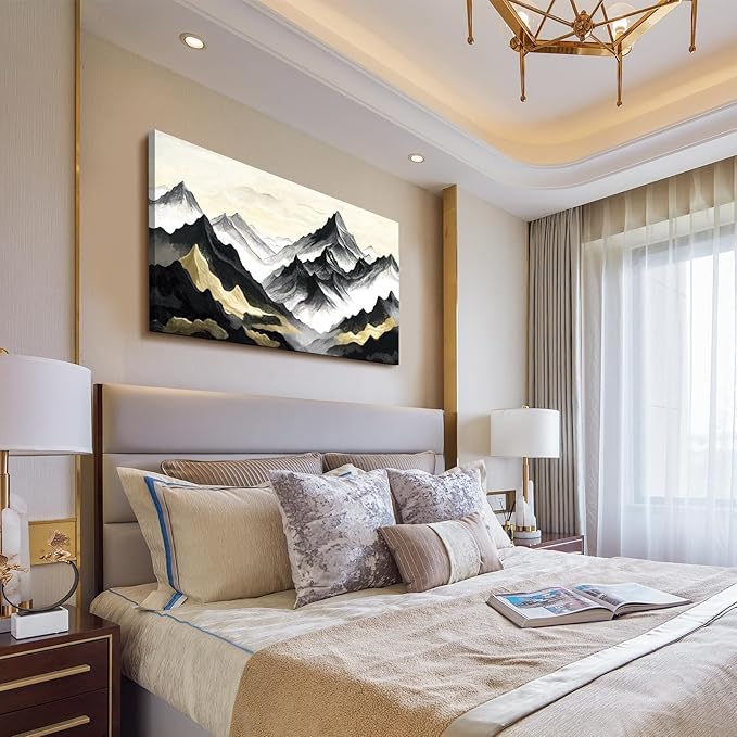 amatop Large Abstract Mountain Wall Art for Living Room Office Bedroom Modern Landscape Canvas Art Print Inspirational Artwork Horizontal Black Gold and White Nature Picture Wall Decor 48x24 Inch-Ruum Studio Home