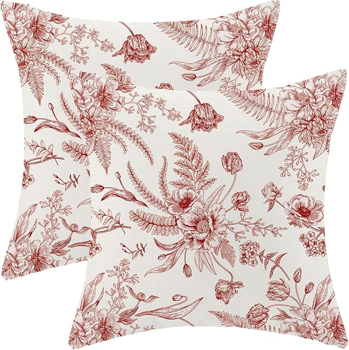 Wine Red Spring Pillow Covers 18 x 18 Inch Set of 2 for Chinoiserie Flowers Decor Throw Pillows Burgundy Floral Leaves Seasonal Plant Outdoor Decorative Cushion Cases for Couch Bed Decorations-Ruum Studio Home