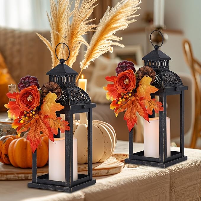 NEEDOMO Fall Decorations for Home, 2 Pcs 15'' Fall Lantern Indoor Outdoor Thanksgiving Decor, Vintage Metal Hanging Candle Holders with Fall Teardrop Wreath and LED Candle for Patio, Porch, Table-Ruum Studio Home