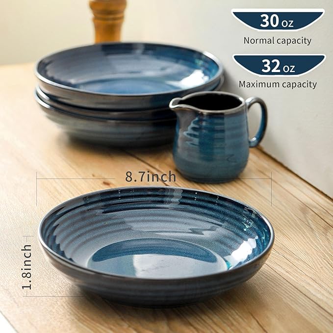 Pasta Bowls 32 OZ,Ceramic Salad Serving Bowls Set of 4,Large 8.7 inch Shallow Bowls Plates for Soup,Fruit,Noodle,Dinner,Dishwasher & Microwave Safe,Navy Blue-Ruum Studio Home