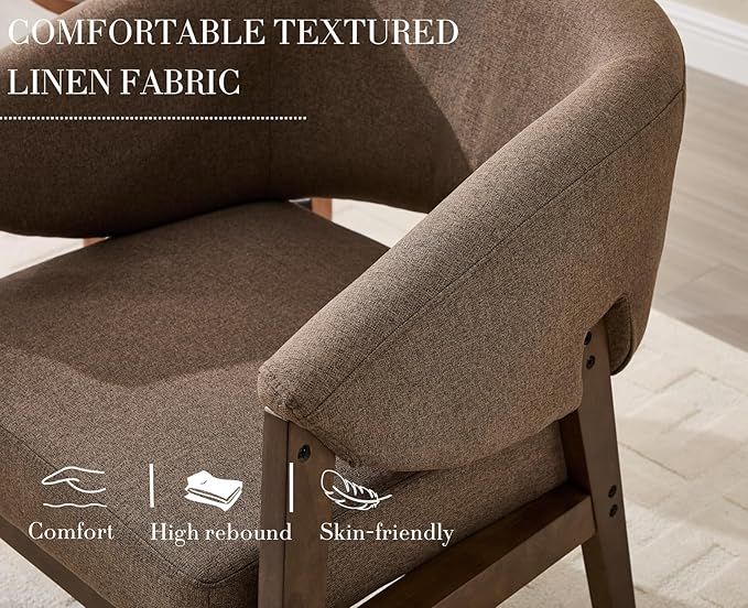 Mid-Century Modern Accent Chair, Comfy Barrel Armchair with Wide Seat, Upholstered Lounge Chair with Walnut Wood Legs for Living Room/Bedroom/Reading Corner, Linen Fabric, Brown, 1PC-Ruum Studio Home