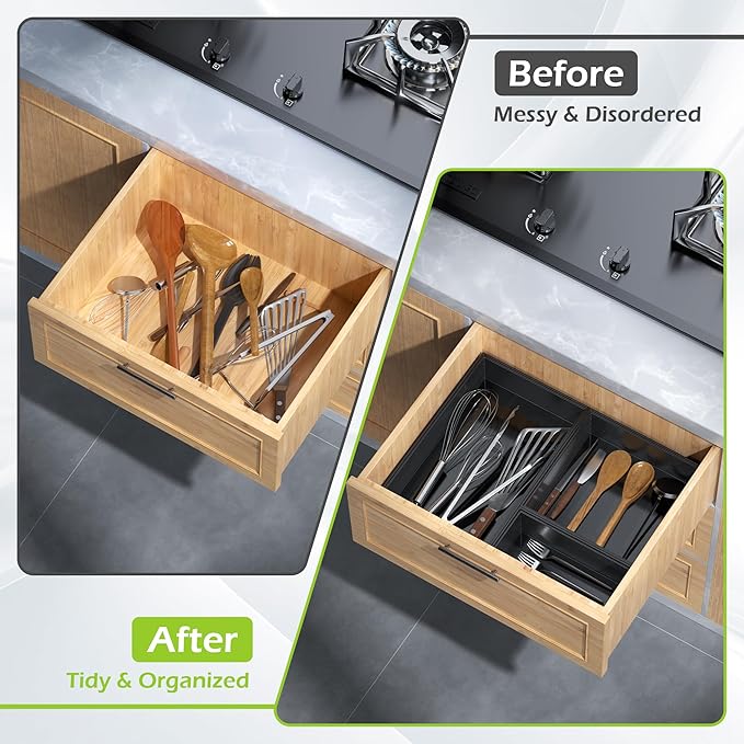 Bamboo Drawer Organizer Set, 5 PCS Multi-use Varied Sizes Junk Drawer Organizer Kitchen Storage Box for Office, Home, Bedroom, Bathroom, Black-Ruum Studio Home
