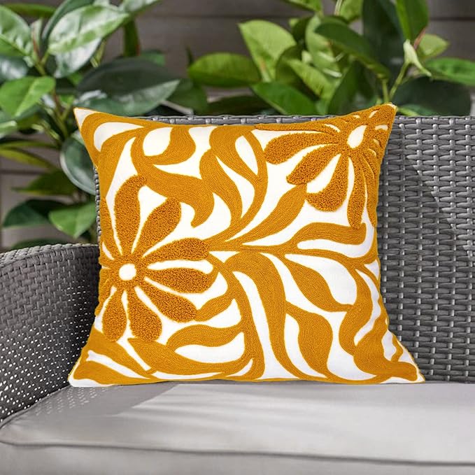 Alysheer Farmhouse Floral Leaves Embroidered Decorative Throw Pillow Cover 18x18 inches, Boho Tufted Flowers Embroidery Pattern Chic Cotton Cushion Case for Couch Bed Sofa Living Room(Mustard Yellow)-Ruum Studio Home