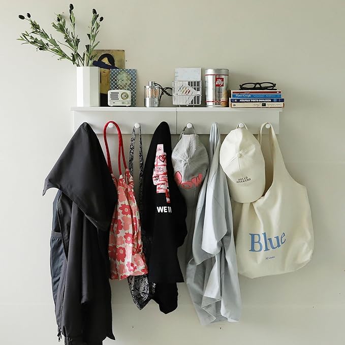 Entrance Coat Rack ，Coat Hooks, Wall-Mounted Wooden Hook Rack, Wall-Mounted Shelves are Very Suitable (White Finish-2)-Ruum Studio Home