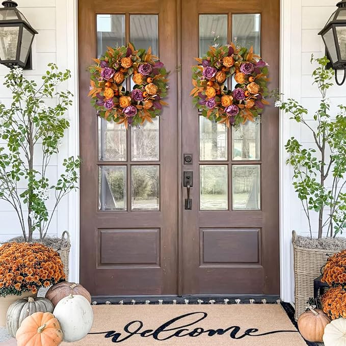 24 Inch Fall Wreath for Front Door - Autumn Wreath with Peony, Maple Leaves, Berries - Farmhouse Thanksgiving Halloween Decor for Porch, Front Door, Indoors & Outdoors - Rustic Harvest Home Decor-Ruum Studio Home