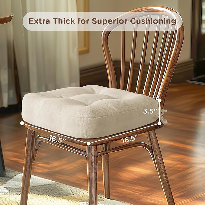 Codi 6 Pack Dining Chair Cushions, Thick Chairs Pads for Indoor Kitchen Room - Washable, Non-Slip Seat Cushion with Ties, 16.5"x16.5"x 3.5", Set of 6, Beige-Ruum Studio Home
