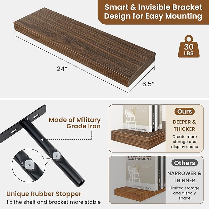 fuqing Floating Shelves for Wall, Bathroom Shelf Wall Mounted for Storage, Shelves with Invisible Bracket for Bedroom, Kitchen, Living Room, Farmhouse Small Book Shelf, 24 Inch Set of 2, Walnut-Ruum Studio Home