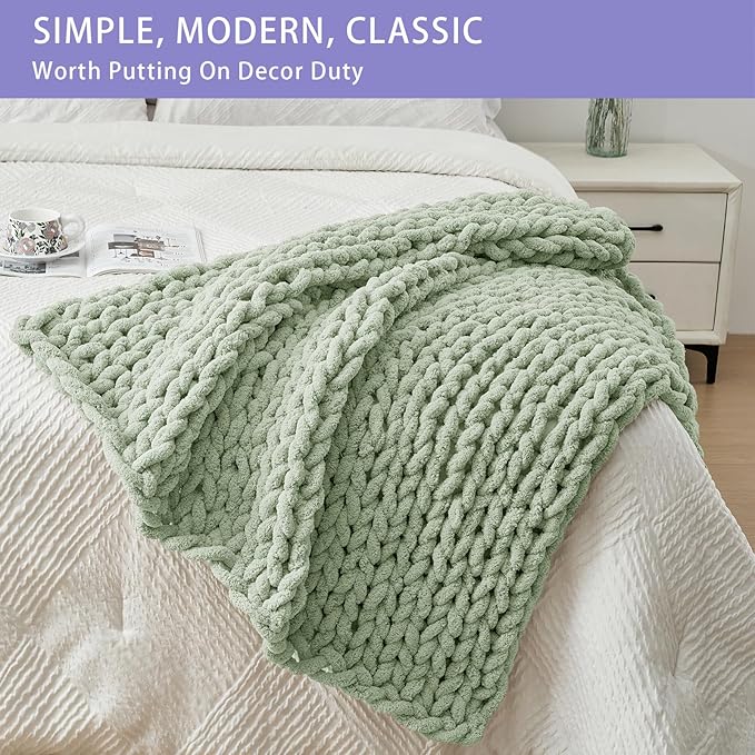 Bigacogo Chunky Knit Throw Blanket for Couch, 40x40 inches, 100% Hand Knitted with Thick Jumbo Chenille Yarn, Cozy Soft Large Rope Knot Cable Crochet Blankets for Sofa Bed Living Room, Sage Green-Ruum Studio Home