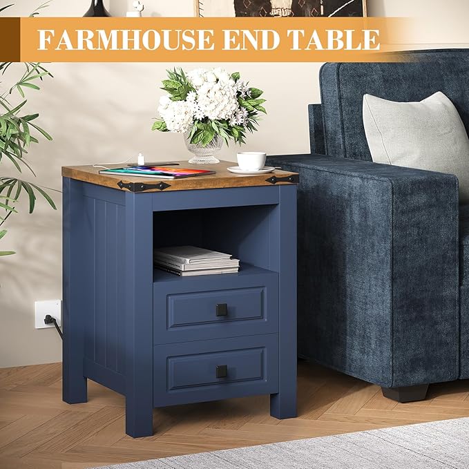 Apicizon Side Table, Farmhouse End Table with Charging Station and Storage Cabinet, 17'' Bedside Table with Drawers, Rustic Small Coffee Table for Living Room, Bedroom-Ruum Studio Home