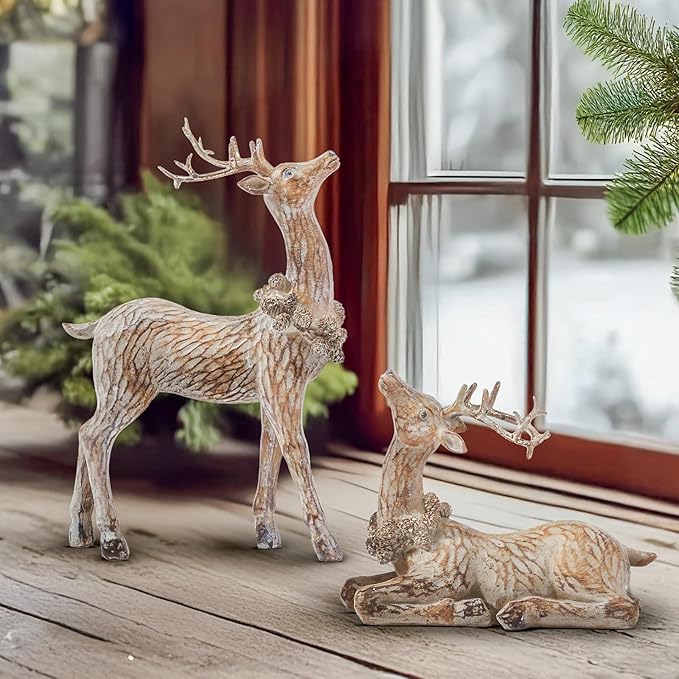 DN DECONATION 2pcs Reindeer Christmas Figurines, Tabletop Reindeer Small Christmas Decor, Brown Resin Deer Statue, Holiday Home Décor Accents for Xmas Office Living Room & Bedroom Decorations-Ruum Studio Home