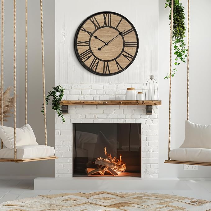Large Wall Clock for Living Room Decor, Non Ticking Silent, Battery Operated Modern Vintage Wood Wall Clock Oversized Decorative Wall Clock for Bedroom Kitchen Farmhouse Office Decor-Ruum Studio Home