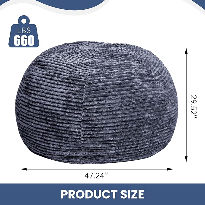 Large Bean Bag Chair, 5FT Giant Beanbag Chairs with Memory Foam Filled, Bean Bag Chairs for Adults, Ultra Soft Lazy Sofa for Living Room Bedroom (Gery)-Ruum Studio Home