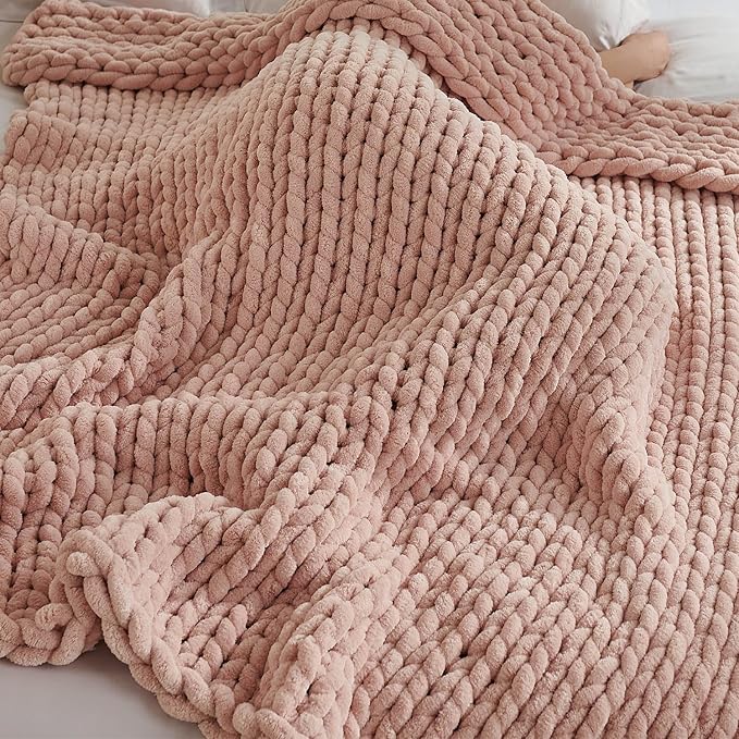 Esterra Chunky Knit Throw Blanket Newly Upgraded Heavy Tighter Version, Handmade Chenille Throw Super Soft, Thick Yarn Cable Knit Crochet Throw Blanket for Couch Bed Sofa, 50" x60, Coral Pink-Ruum Studio Home
