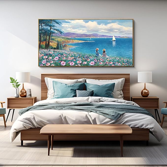 XLSJERST Large Landscape Wall Art - Blue Ocean Pink Flower Sailboat Mountain Tree Decor Orange Frame Artwork for Wall Large Picture for Living Room Bedroom Home Office Wall Decoration Size 29x58-Ruum Studio Home