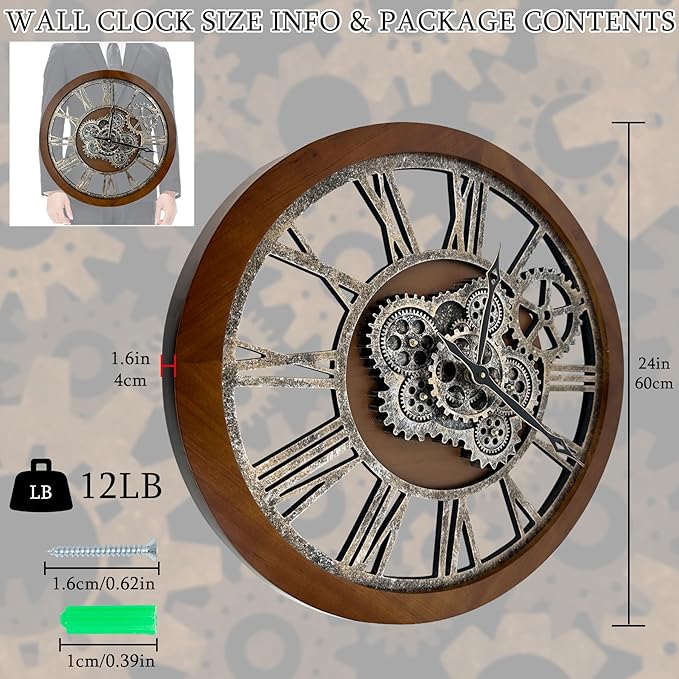 HOIBAI Large Wall Clock, Wall Clocks for Living Room Decor 36 Inch Farmhouse Vintage Rustic Kitchen Wall Decor Vintage Roman Oversized Wall Clock for Home Bedroom House Office, Moving Gears Clock-Ruum Studio Home