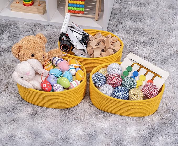 Shelf Storage Baskets for Organizing|Decorative Basket for Closet Storage|Toy Baskets&Bins|Small Woven Rope Baskets-13x8.66x5.11’’,Durable&Stylish,Oval 3 Packs Yellow-Ruum Studio Home