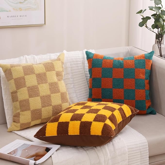 Alysheer Checkered Embroidered Decorative Throw Pillow Covers 18"x 18" Set of 2, Farmhouse Cottage Teal Brown Plaid Tufted Patterned Cotton Canvas Cushion Case for Sofa Couch Bed Living Room-Ruum Studio Home