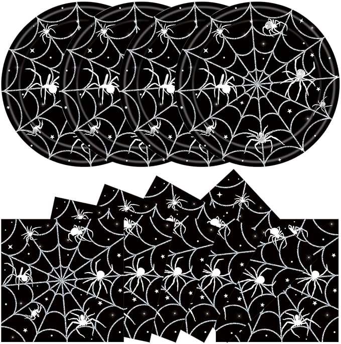 40Pcs Halloween Paper Plates and Napkins Party Supplies, Spider Web Plates Napkins Disposable Dinnerware Set for Spooky Halloween Party Decorations-Ruum Studio Home
