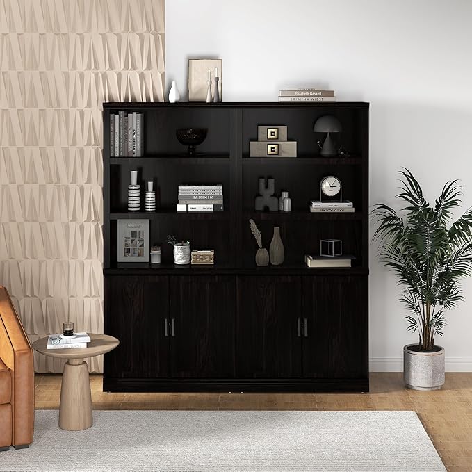 70 Inch Tall Bookcase with Doors, Library Office Bookshelf with Adjustable Shelves, Floor Standing Storage Cabinet for Bedroom Living Room Organizer with Anti Tipping Kit, Dark Cherry Finish-Ruum Studio Home