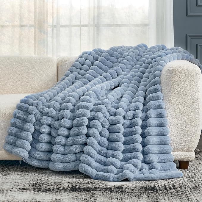 Cozy Bliss Faux Fur Throw Blanket for Couch, Cozy Warm Plush Striped Blanket for Sofa Bedroom Living Room,50 * 60 Inches Light Blue-Ruum Studio Home