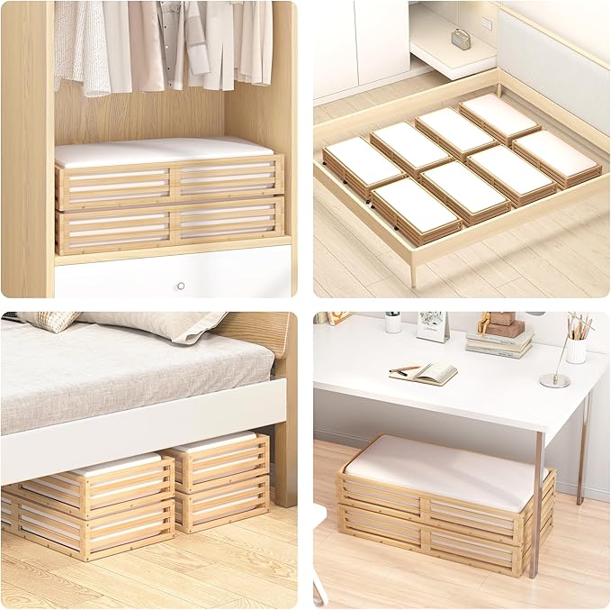 Bamboo Under Bed Storage Containers- Underbed Organizer with Wheels with Large Dust Bag,Sturdy Wood Rolling Under the Bed Shoe Storage Organizer Drawer 2 Packs (Nature, Long)-Ruum Studio Home
